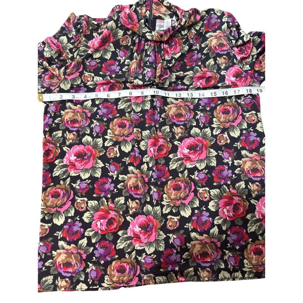 Paris Atelier Women's Size S Top Floral Long Sleeve Mock Neck Black & Pink Roses - Picture 5 of 7
